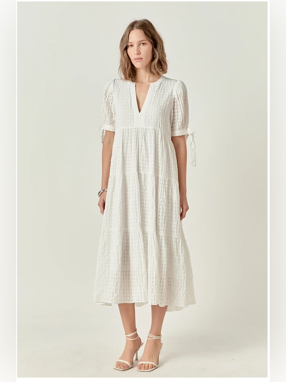English Factory Gingham Tiered Midi Dress Puff Bow TieSleeves VNeckHN657D Medium - Picture 13 of 15